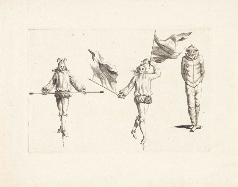 Two tightrope walkers with attributes and a clown, Anonymous, Gerardus Josephus Xavery, Pieter Schenk (II), 1728