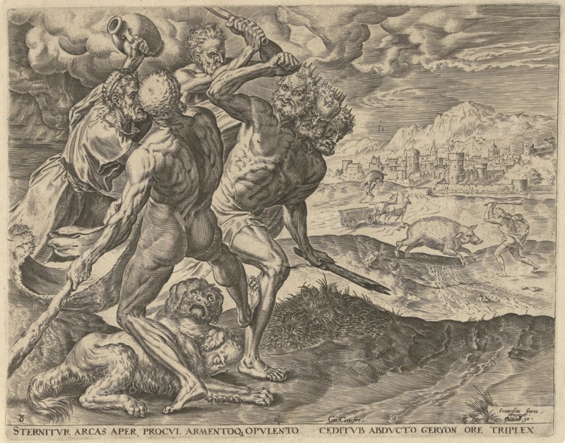 Hercules kills Geryon and his dog, Cornelis Cort, Julius Goltzius, in or after 1563 - before 1595