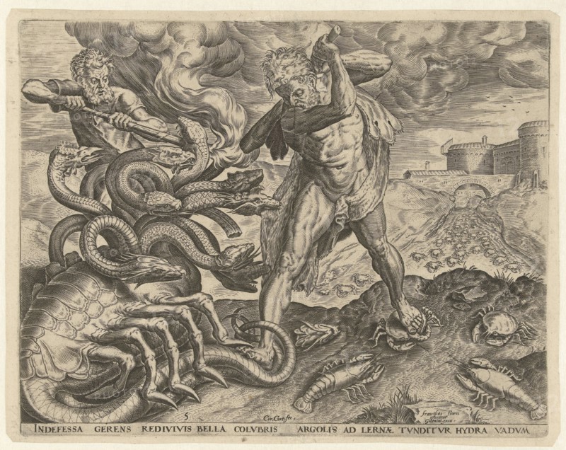 Hercules overcomes the Hydra of Lerna, Cornelis Cort, Julius Goltzius, in or after 1563 - before c. 1595