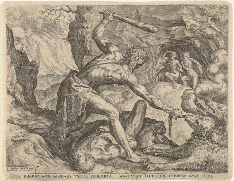 Hercules drags Cerberus from Hell, Julius Goltzius Cornelis Cort, in or after 1563 - before 1595