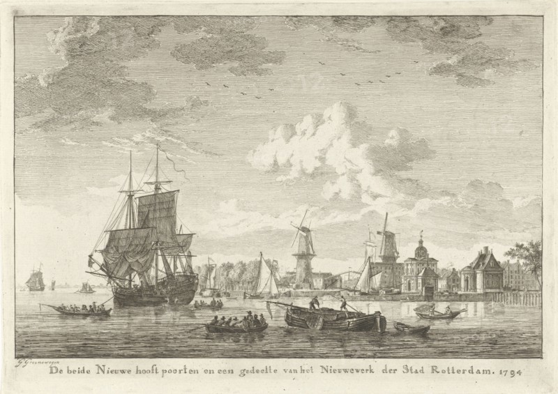 View of Rotterdam from the water, to the right is the new main gate flanked by two stone mills, a three-master, The Netherlands, print maker: Gerrit Groenewegen (mentioned on object), Dating 1794