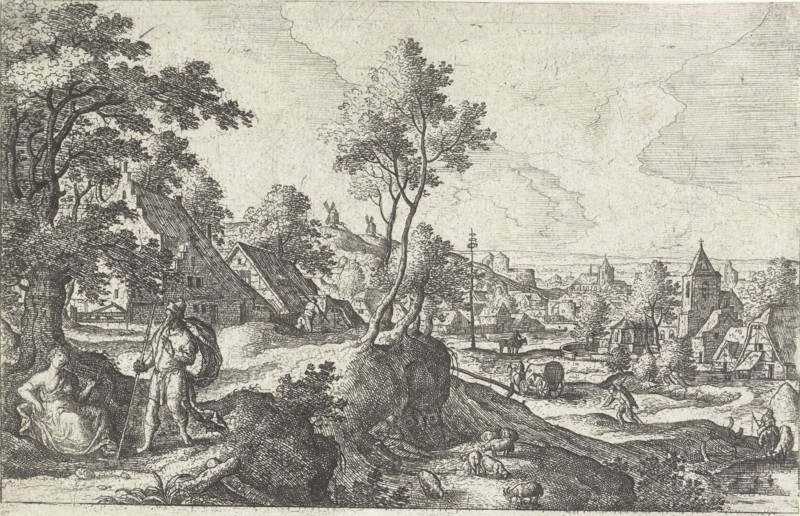 Landscape with traveler and resting woman, Hans Bol, Anonymous, c. 1550 - c. 1650