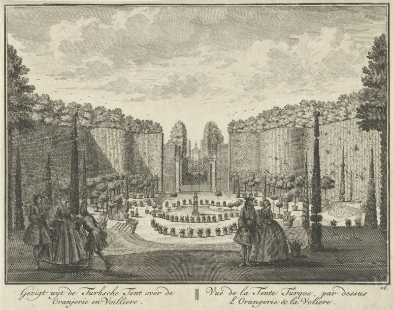 View from the Turkish Tent on the orangery and the aviary in the garden of House ter Meer in Maarssen, The Netherlands, Hendrik de Leth, c. 1740