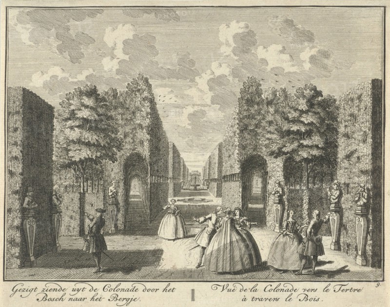 View from the colonnade at the French Garden House at House ter Meer in Maarssen, with walking figures, The Netherlands, print maker: Hendrik de Leth, Dating c. 1740