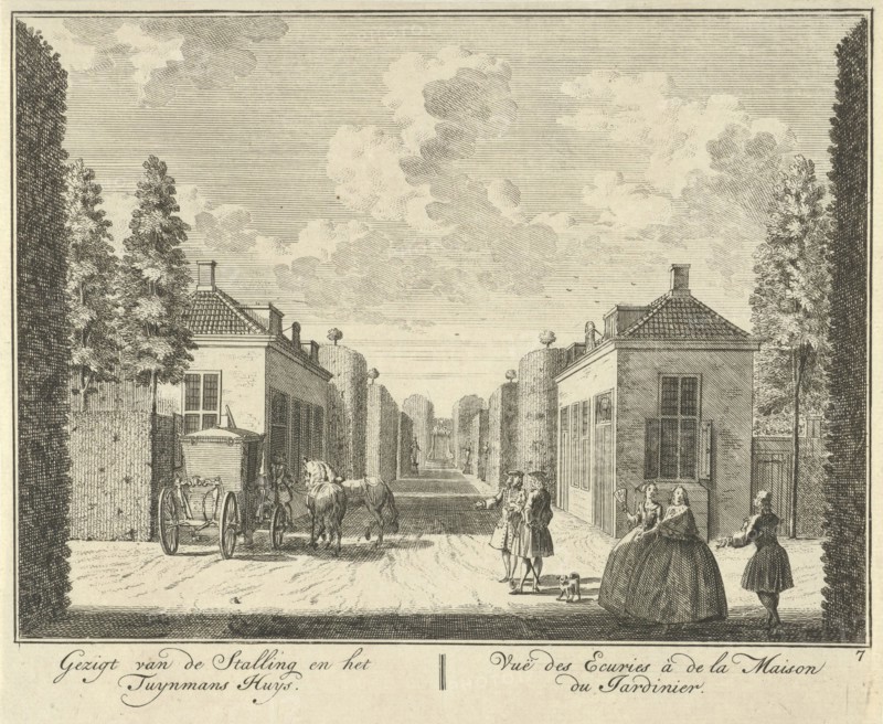 View of the stables and the house of the gardener on the estate at House ter Meer, The Netherlands, print maker: Hendrik de Leth, Dating c. 1740