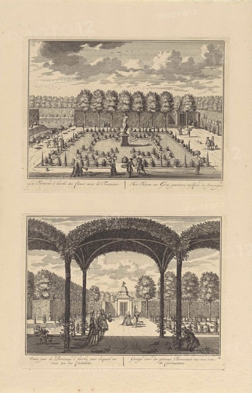 View of the parterre with grass and flowering plants on the south side of Slot Zeist, left the fountains, The Netherlands, print maker: DaniÃ«l Stopendaal, Dating 1682 - 1726