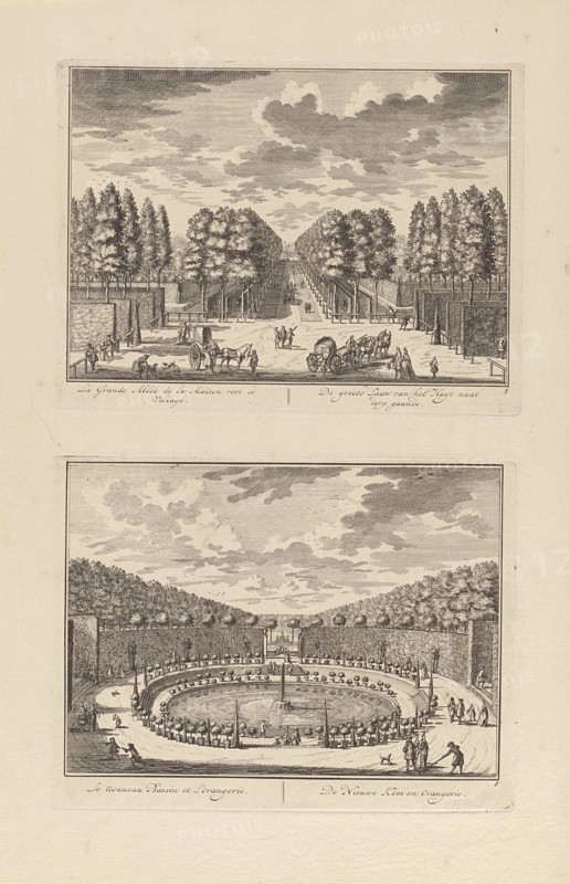 Big avenue of Zeist Castle to the village, The Netherlands, print maker: DaniÃ«l Stopendaal, DaniÃ«l Stopendaal, Nicolaes Visscher II, 1682 - 1726