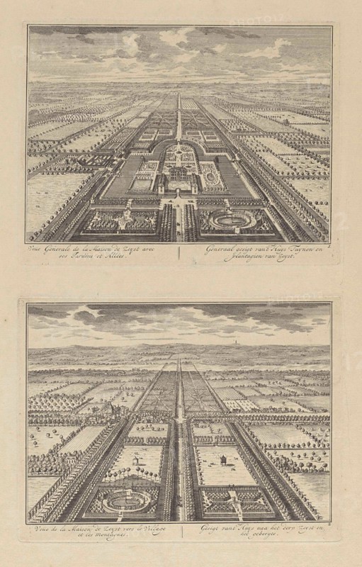 View of Slot Zeist with gardens, view toward Bunnik, on the horizon a tower at Amersfoort, The Netherlands, print maker: DaniÃ«l Stopendaal, Dating 1682 - 1726