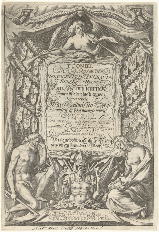Cartouche with title and the allegorical figures Father Time and History, print maker: Willem Jacobsz. Delff, Nicolaes de Clerck, 1617