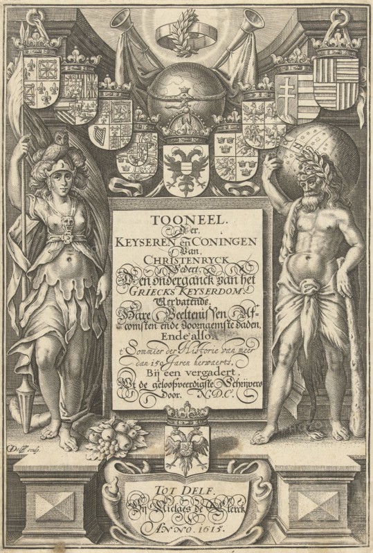 Cartouche with title, flanked by Hercules with celestial globe and Minerva, Upper arms, globe and trumpets, print maker: Willem Jacobsz. Delff (mentioned on object), Dating 1615