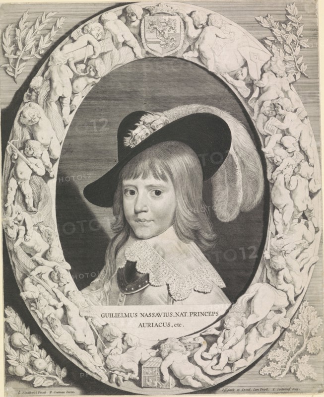 Portrait of Willem II in an ornate oval frame with putti, print maker: Jonas Suyderhoef (mentioned on object), Dating 1643