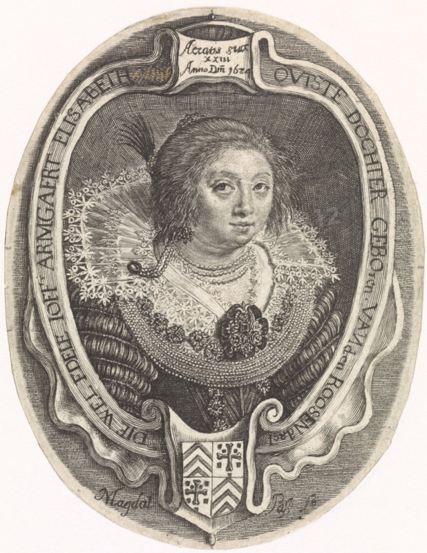 Portrait of Armgaert Elizabeth van Dordt van Roosendaal, print maker: Magdalena van de Passe, Paulus Moreelse, 1624
