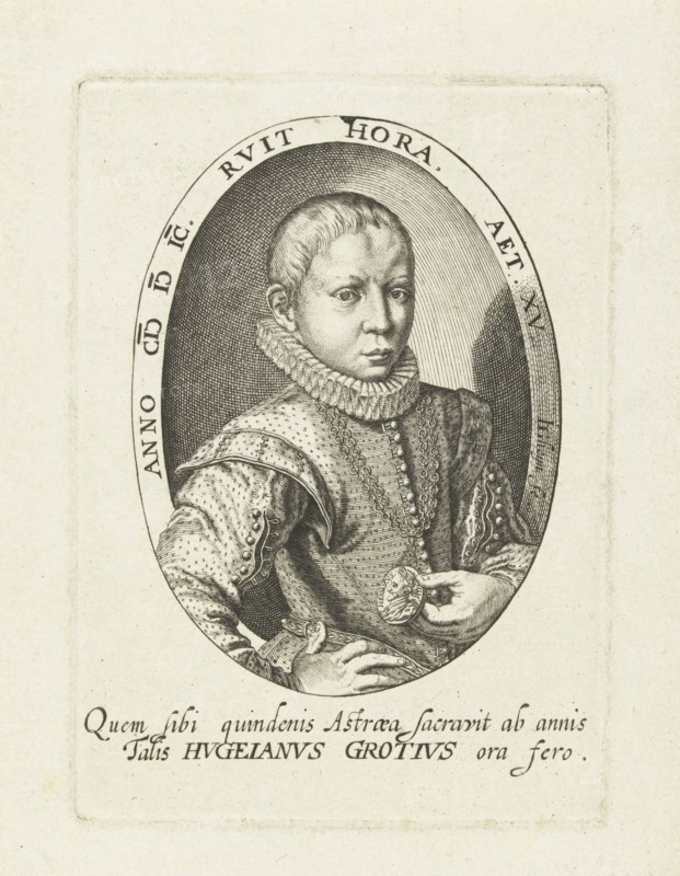 Bust of Hugo Grotius as 15-year-old young man, seen on the right side, in oval, print maker: Jacob de Gheyn (II) (mentioned on object), Dating 1599