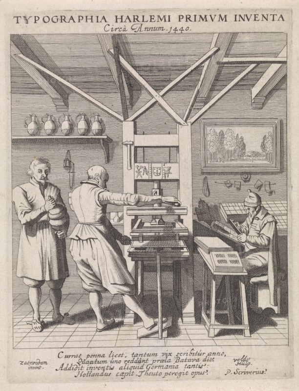 The invention of the printing press by Laurens Jansz. Coster, Haarlem, ca. 1440, interior of a book printer, with a printing press and putting letters, print maker: Jan van de Velde (mentioned on object), Dating 1628