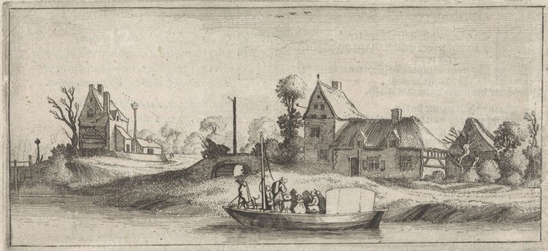 Travelers in a boat on a river, Jan van de Velde (II), Cornelis Willemsz Blaeu-Laken, 1627