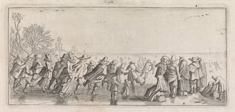 Skaters on the ice, Jan van de Velde (II), Cornelis Willemsz Blaeu-Laken, 1627