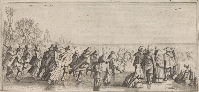 Skaters on the ice, Jan van de Velde (II), Cornelis Willemsz Blaeu-Laken, 1627