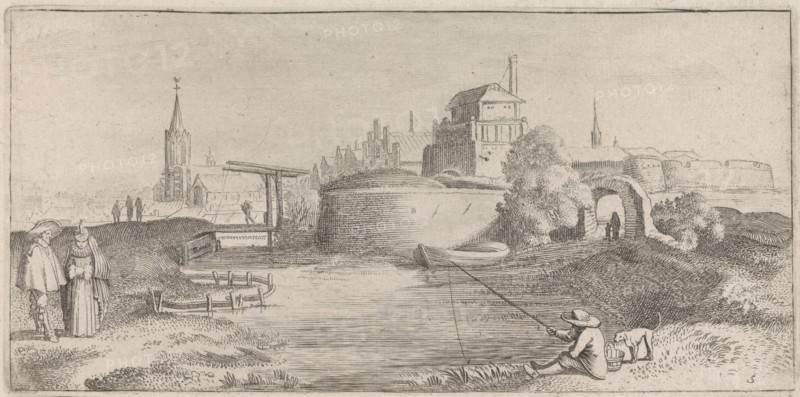 Angler in a fortified city, Jan van de Velde II, 1627