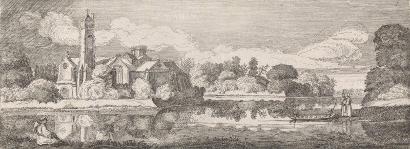 Clerics at an abbey in a river landscape, print maker: Jan van de Velde II, Willem Pietersz. Buytewech possibly, 1603 - 1641