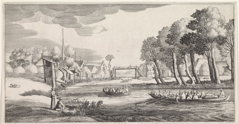 Two rowing boats on a river in a village, print maker: Jan van de Velde II, 1639 - 1641