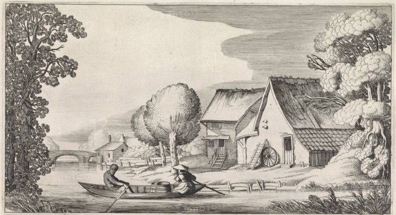 Farmer and his wife in a rowing boat, in the background a stone bridge can be seen, print maker: Jan van de Velde (II), Dating 1639 - 1641