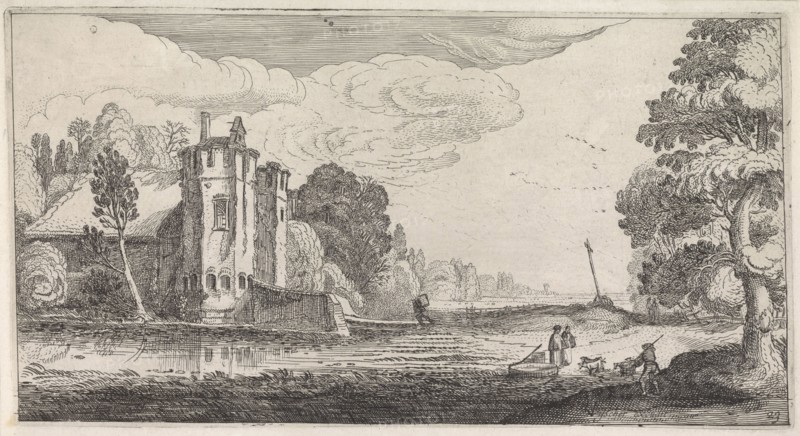 Landscape with Figures near a fortified house with two towers, Jan van de Velde (II), 1639 - 1641