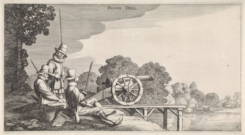 Soldiers with a gun on a dock on a river, Jan van de Velde (II), 1639-1641