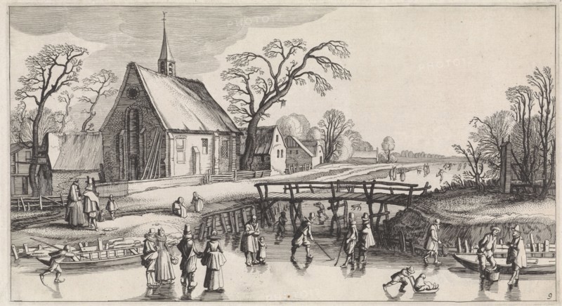 Winter Landscape with Skaters near a village, in the middle a wooden bridge, in the foreground children with a sled and a group flask players, print maker: Jan van de Velde (II), Dating 1639 - 1641