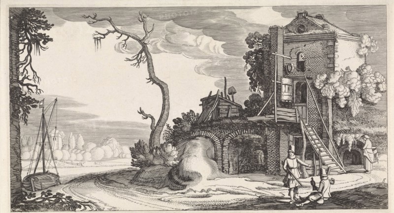 Two falconers in a tower used as an inn, print maker: Jan van de Velde II, 1639 - 1641