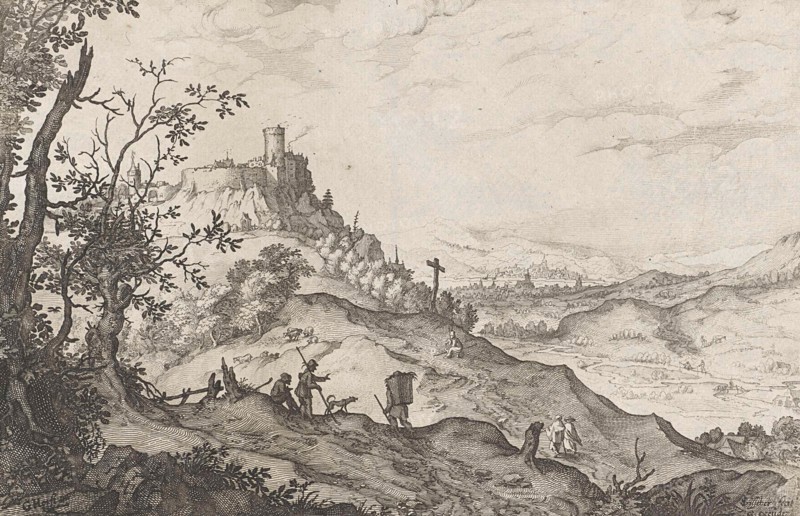 Mountain Landscape with walkers and shepherds, Claes Jansz. Visscher (II), 1610 - 1652