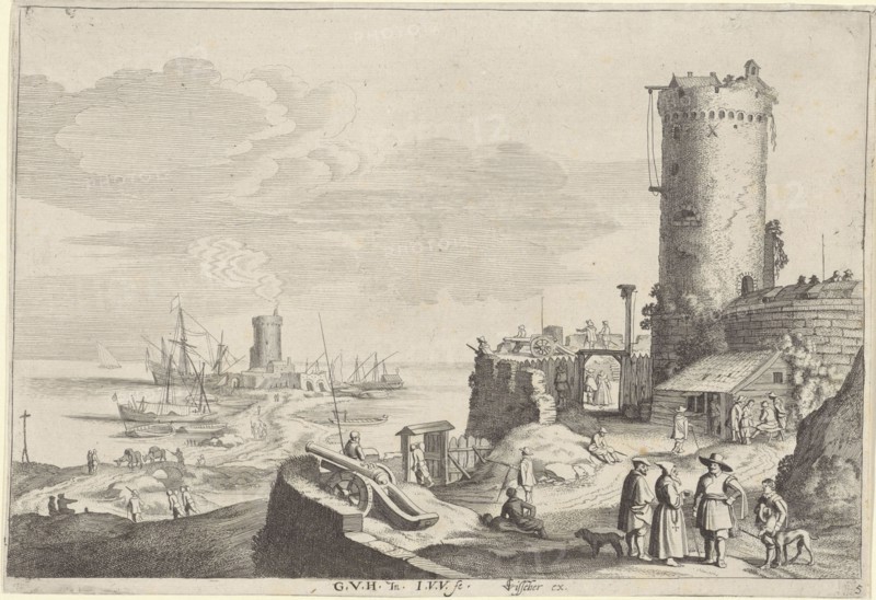 Bastion on a river, print maker: Jan van de Velde II, Gerard van der Horst, Claes Jansz. Visscher II, 1628