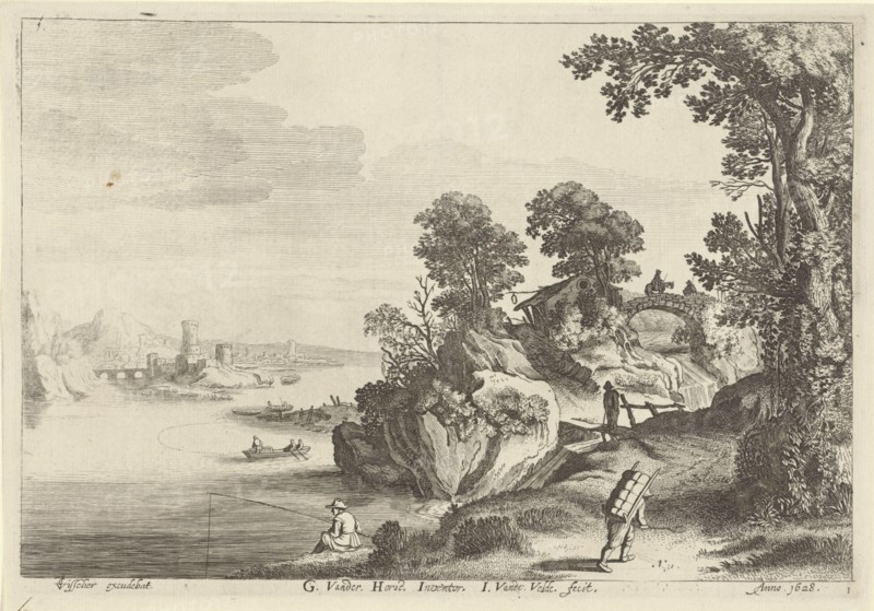 River landscape with travelers on country road, on a stone bridge over a waterfall a horseman in conversation with another figure, on the banks of the river an angler, print maker: Jan van de Velde (II) (mentioned on object), Dating 1628 and/or 1728 - 1761