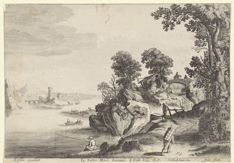 River landscape with travelers on country road, Jan van de Velde (II), Pieter Schenk (II), 1628