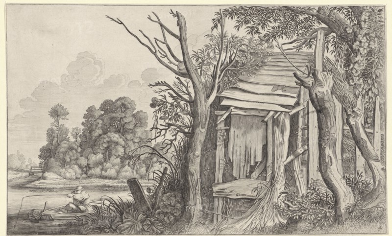 Angler in a dilapidated hut in a landscape, print maker: Jan van de Velde II, Pieter de Molijn, Willem Pietersz. Buytewech, 1604 - 1641