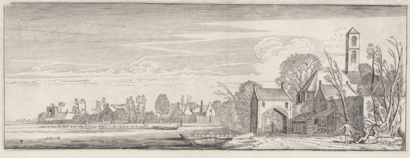 Figures in a village by a lake, Jan van de Velde (II), 1603 - 1641