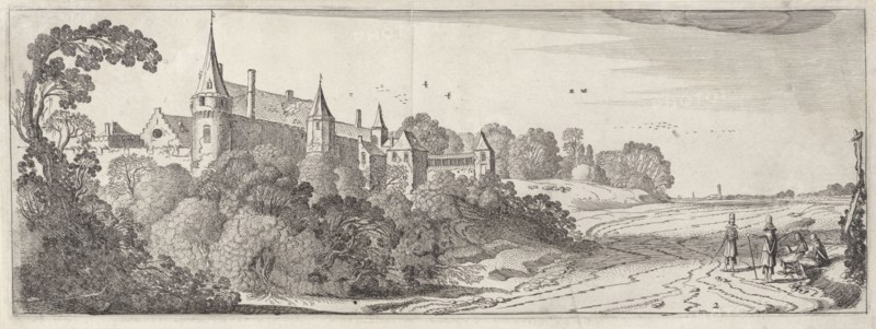 Four elegantly dressed men on a path to a castle, print maker: Jan van de Velde (II), Dating 1603 - 1641