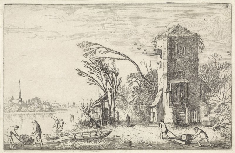 Figures in a winter landscape with a tower, Jan van de Velde (II), 1616