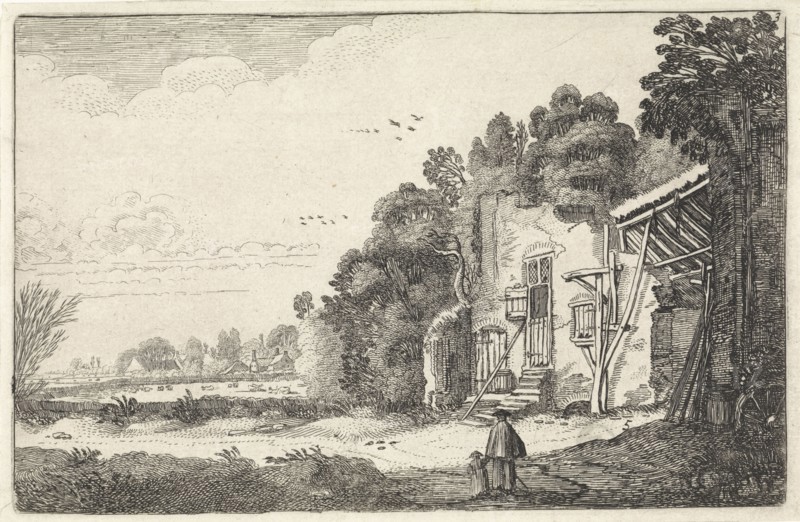 Woman with child in a ruined house, print maker: Jan van de Velde II, 1616