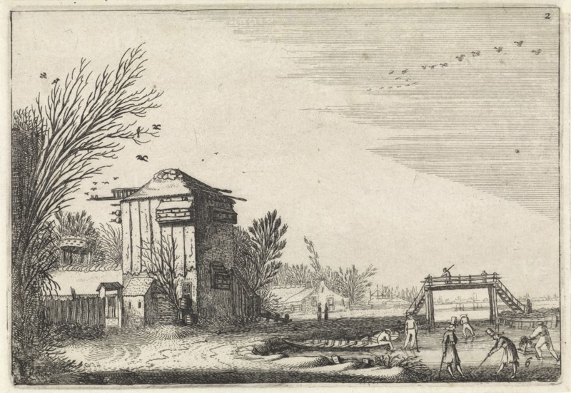 Kolf Players and skaters on the ice near a tower, which is used as a dovecote, print maker: Jan van de Velde (II), Dating 1616