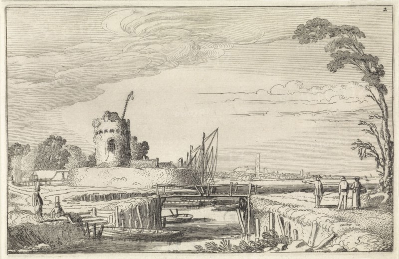 Figures at a harbor and a tower, Jan van de Velde (II), 1616