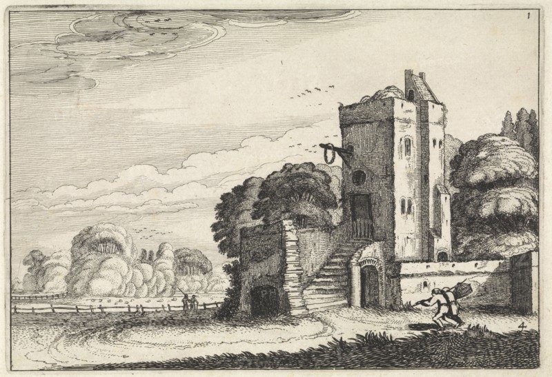 Figures with a basket at a bird tower in a landscape, Jan van de Velde (II), 1616