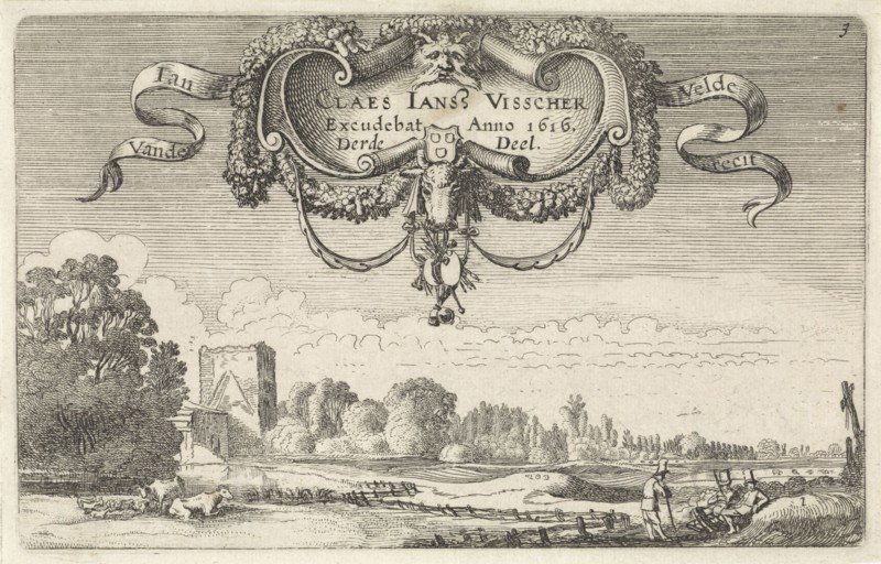 Resting figures in a landscape with cows and a tower, print maker: Jan van de Velde II, Claes Jansz. Visscher II, 1616