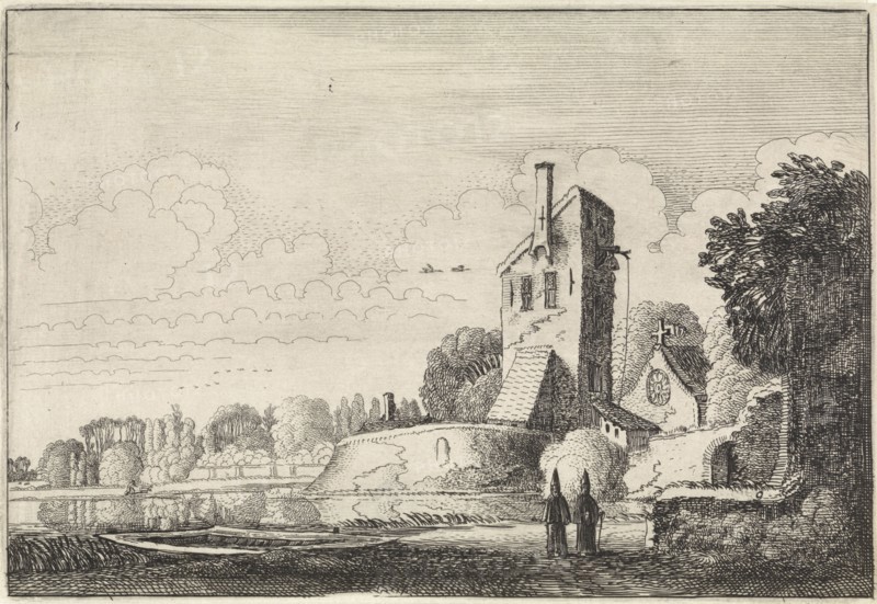 Landscape with fortress tower and chapel, Jan van de Velde (II), 1616