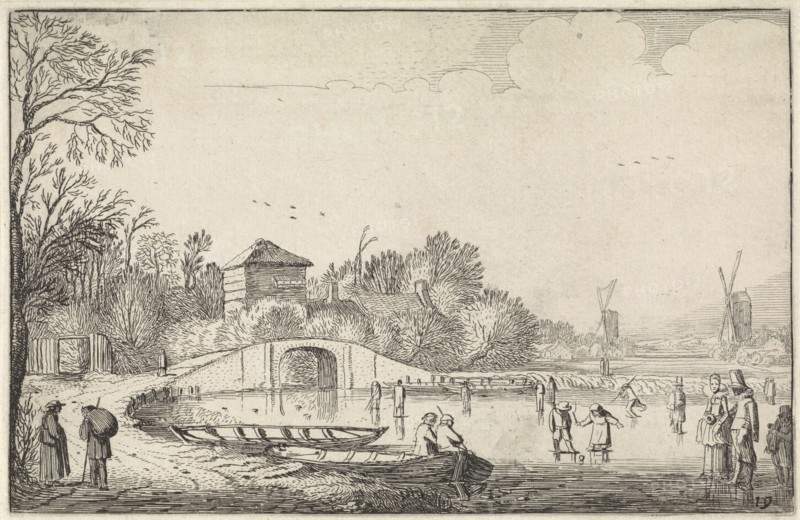 Winter Landscape with Skaters near a bridge, Jan van de Velde (II), 1616