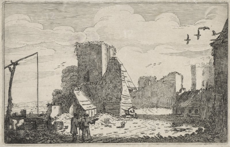 Figures near a well and a ruined farmhouse, print maker: Jan van de Velde II, 1616