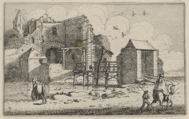 Horsemans at a ruined castle with bridge, Jan van de Velde (II), 1616