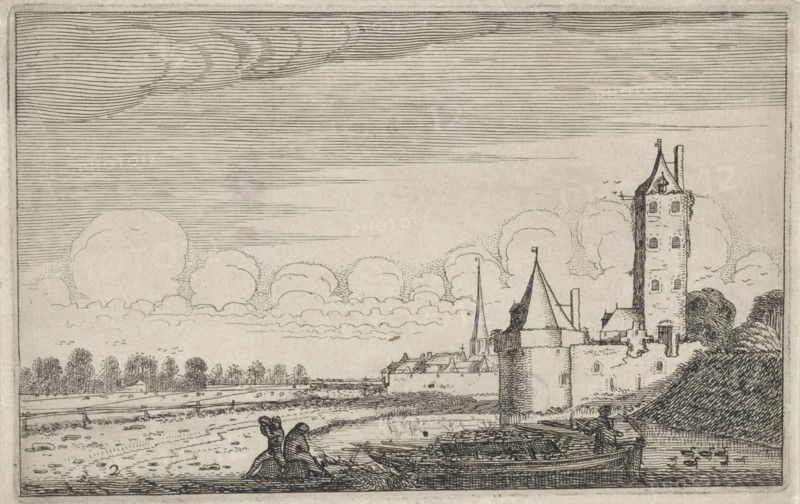 Figures on a boat in a castle, Jan van de Velde (II), 1616
