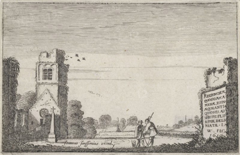 Two figures in a ruined church, Jan van de Velde II, Johannes Janssonius, 1617