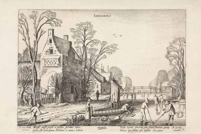 Winter landscape with flask players on the ice: january, Jan van de Velde (II), 1630 - 1690