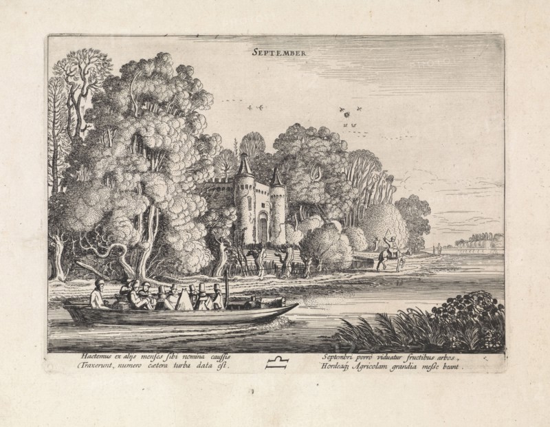 Landscape with figures in a barge: september, Jan van de Velde (II), 1608 - 1618